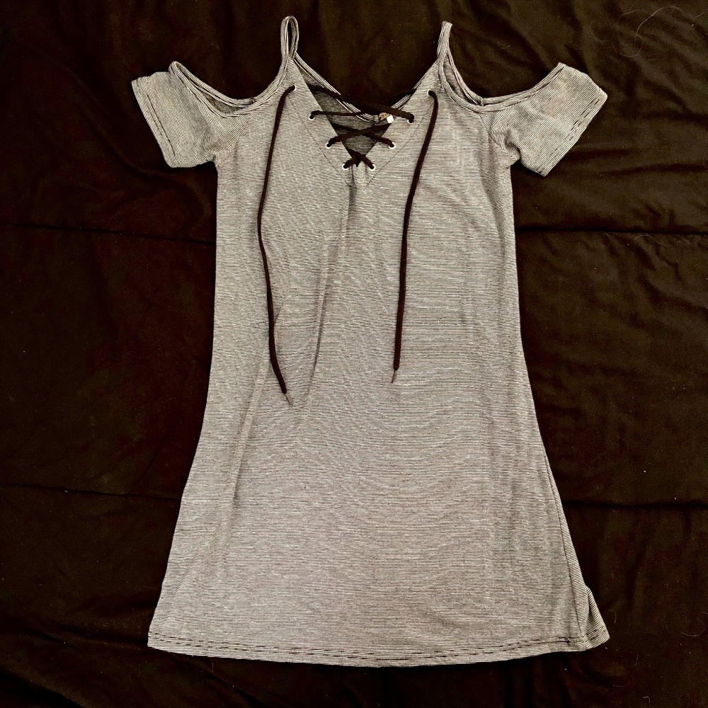 Gray and black striped tunic with tie front